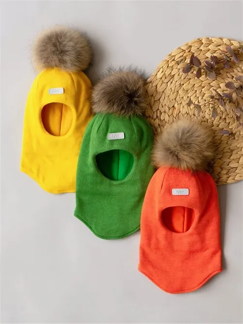 Шлем зимний вязаный Yellow lamp c меховым помпоном Шлем зимний вязаный Yellow lamp c меховым помпоном